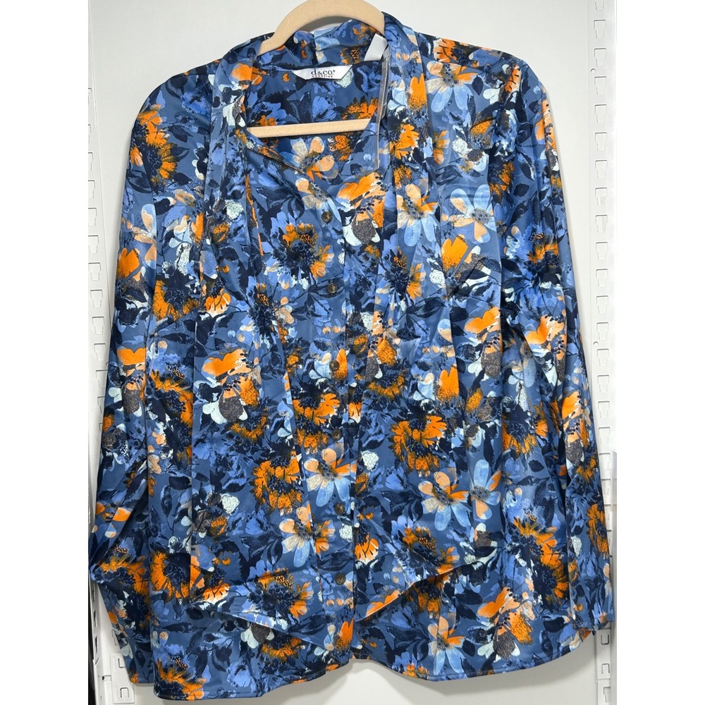 D&Co Adaptive Womens Floral Tie Neck Button Down Blouse Navy Orange Large NEW